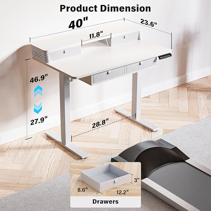 Kingant 40 x 24 Inch Electric Standing Desk with 4 Drawers, Height Adjustable Sit to Stand Computer Desk with Storage Shelf and C-Clamp Mount Compatibility for Home Office, White