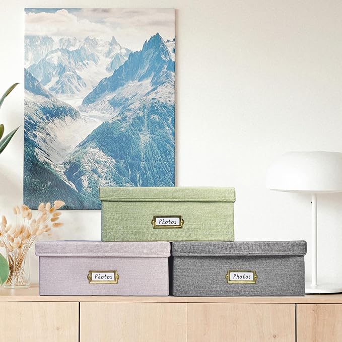 Sprsthai Linen Photo Storage Box – Holds 1700 Photos, 24 Adjustable Dividers & 72 Labels Multi-Use Organizer for Photos, Envelopes, Recipes Beige