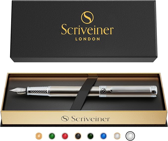 Scriveiner Stainless Steel Fountain Pen - Stunning Luxury Pen with Steel Finish, Schmidt Steel Nib (Medium), Pen Gift Set for Men & Women, Professional, Executive Office, Nice Designer Pens