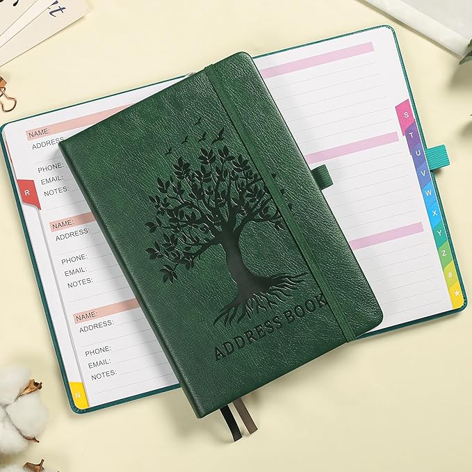 ZXHQ Address Book with Colorful Alphabetical Tabs (8.4" x 5.8") - Address Books for Seniors Hardcover Telephone and Contact Organizer, with Space for Important Website Passwords - Dark Green