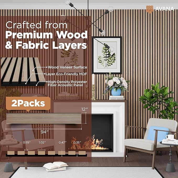 Avana Acoustic Wood Wall Panels – 94.4 X 12.6 Inch White Oak Acoustic Panels 2 PCs – Wall Panels For Interior Wall Decor For Homes, Offices, Studios – Sturdy And Durable Wood Panels For Wall