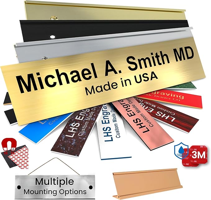 Engraved Name Plates for Doors, Walls, and Plaques Personalized Brushed Brass Plastic Plaque with Black Letters - Made in USA 2x6 M6
