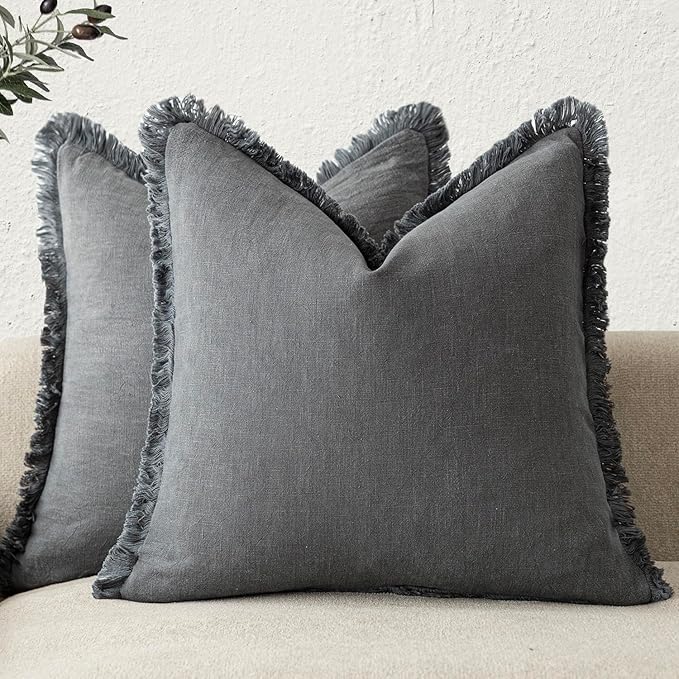 Foindtower Set of 2 Decorative Linen Fringe Throw Pillow Covers Cozy Boho Farmhouse Cushion Cover with Tassels Soft Accent Pillowcase for Couch Sofa Bed Living Room Home Decor, 26×26 Inch, Gray