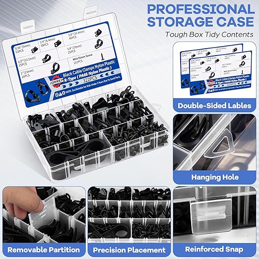 JORREP 322PCS Black Cable Clips R-Type Nylon Wire Clips Assortment Kit 6 Sizes 3/16" 1/4" 3/8" 1/2" 3/4" 1" Cable Clamps with M4 Screws for Wire Managemen, Office, Garage