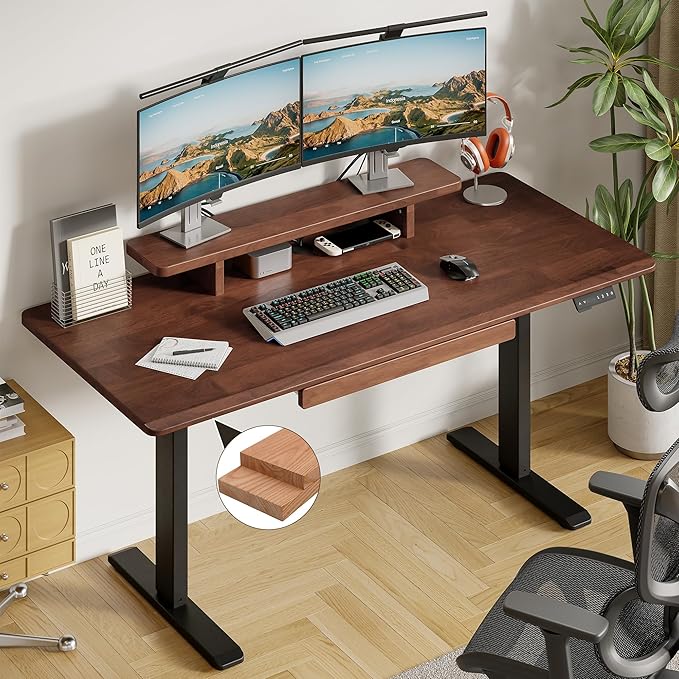 ONBRILL Standing Desk with Drawer, 55x23.6 Inches Solid Wood Desktop Stand Up Desk with Whole-Piece Board and Storage Shelf, Adjustable Height from 28-46 Inches for Home & Office, Black Walnut