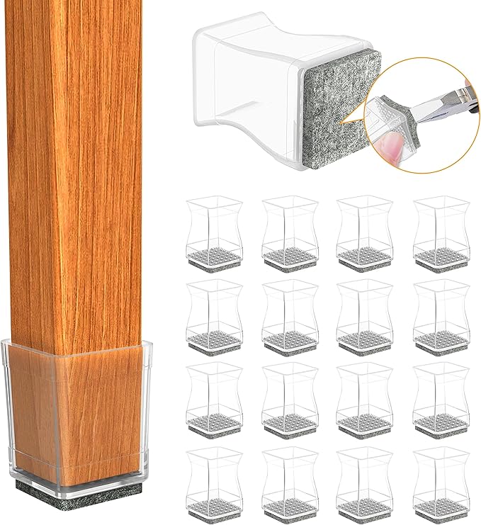 Clear Square Chair Leg Protector for Hardwood Floors, 16Pcs Silicone Furniture Legs Caps to Prevent Floor from Scratches and Reduce Noise, Easy to Move(1 1/4 Inch)