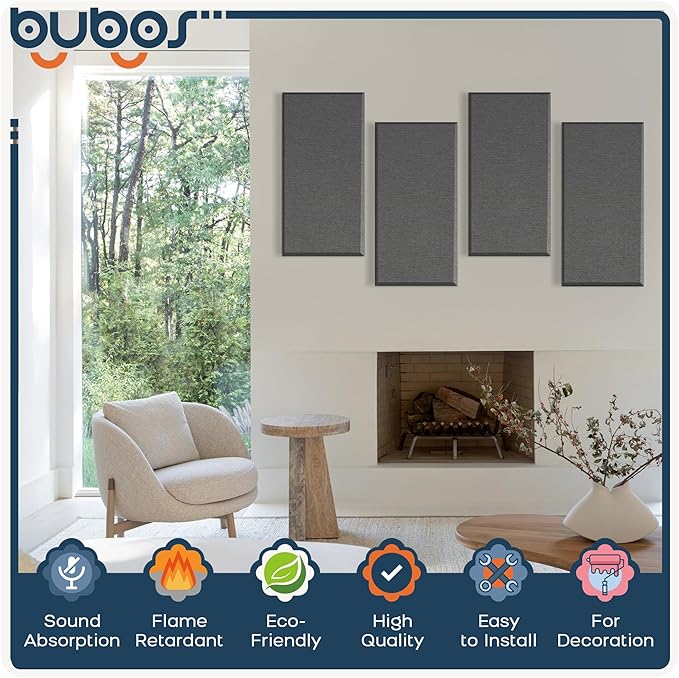 BUBOS 4 PCS Fabric Acoustic Panels,23.6''x11.8''x2'' Sound Proof Panels for Walls,Self-adhesive Soundproof Wall Panels for Echo Absorption for Home Studio Office,Standard CavityPro Dark Grey