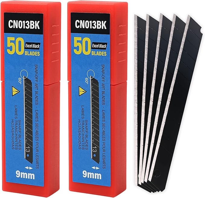Gomake 9mm Utility Knife Replacement Blades, 60 Degree Snap Off Carbon Steel Blades for Retractable Cutting Knives, Hobby, Craft Knife, Box Cutter 100PCS-Black