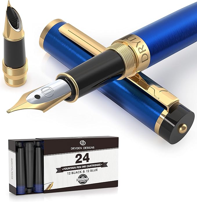 Dryden Designs Fountain Pen - Medium and Fine Nibs | Includes 24 Ink Cartridges and Ink Refill Converter | Calligraphy Pen, Consistent Writing, Smooth Flow - Mysterious Blue
