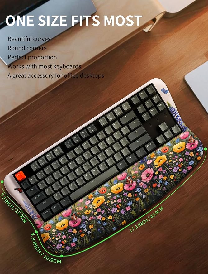 KUOSGM Ergonomic Wave Wrist Rest with Keyboard Stand, Cushioned Palm Rest, Comfortable Integrated Memory Foam for Natural Typing and Relieve Wrist Pain, Flowers and Butterflies