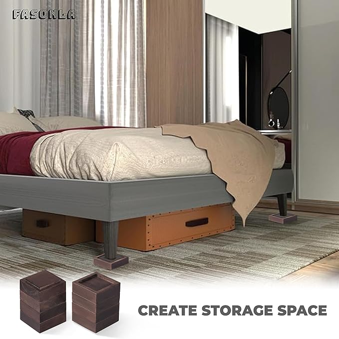 Bed Risers, Furniture Risers (Set of 8-Height 1") Can be Adjusted to 2'' 3''or 4'', Lifts Furniture Risers, Solid Natural Wood Risers, Non-Slip Recessed Hole (Square-Walnut Color)