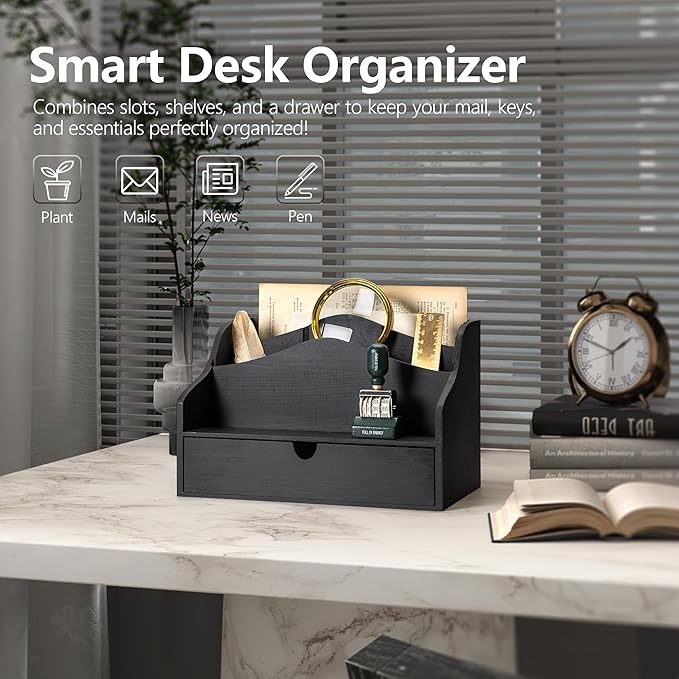 Rebee Vision Pine Wooden Mail Organizer for Desk - Modern Farmhouse Desk Organizer with Drawer & Dividers - 4-Slot Letter Sorter for Mail & Small Essentials - Office Organizer for Home Decor (Black)