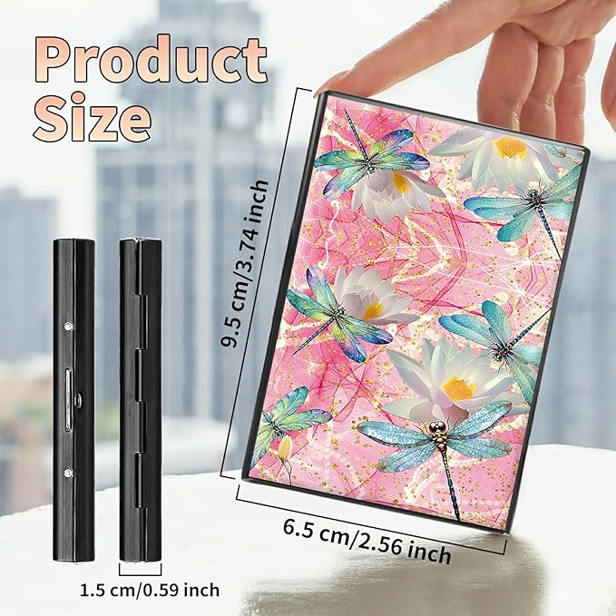 BWEGRHE Slim Credit Card Holder, Pink Dragonfly RFID Blocking Metal Wallet for Men & Women, Aluminum Minimalist Hard Case Pocket-Sized Business Cards Organizer (Fits Up to 10 Cards)