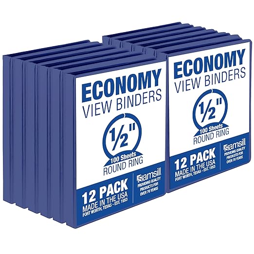 Samsill 0.5 Inch 3 Ring Binders, Made in USA, Economy Round Ring, Clear View Cover, 100 Sheet Capacity - for School, Home, Office - Blue, 12 Pack