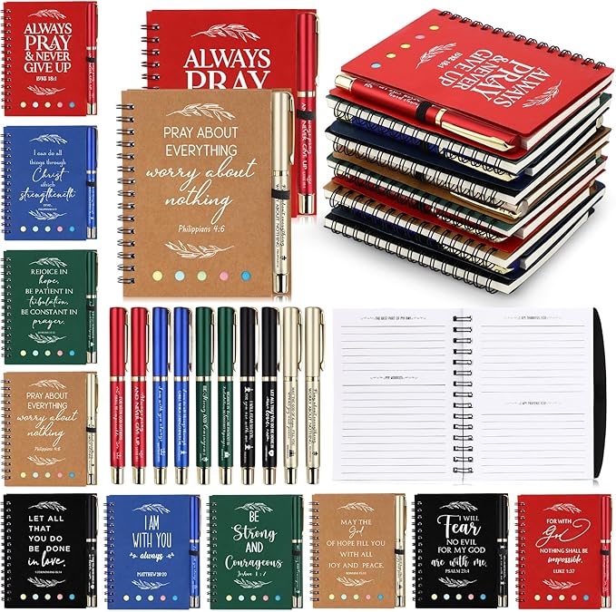 Spakon 30 Set Valentine's Day Christian Gifts Bulk Church Sticky Note Spiral Notebook Bible Verse Ballpoint Pen Prayer Journal Religious Scripture Notepad Sunday School Teacher Pastor Party Favor