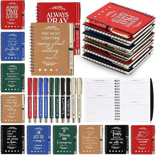 Spakon 50 Set Valentine's Day Christian Gifts Bulk Church Sticky Note Spiral Notebook Bible Verse Ballpoint Pen Prayer Journal Religious Scripture Notepad Sunday School Teacher Pastor Party Favor