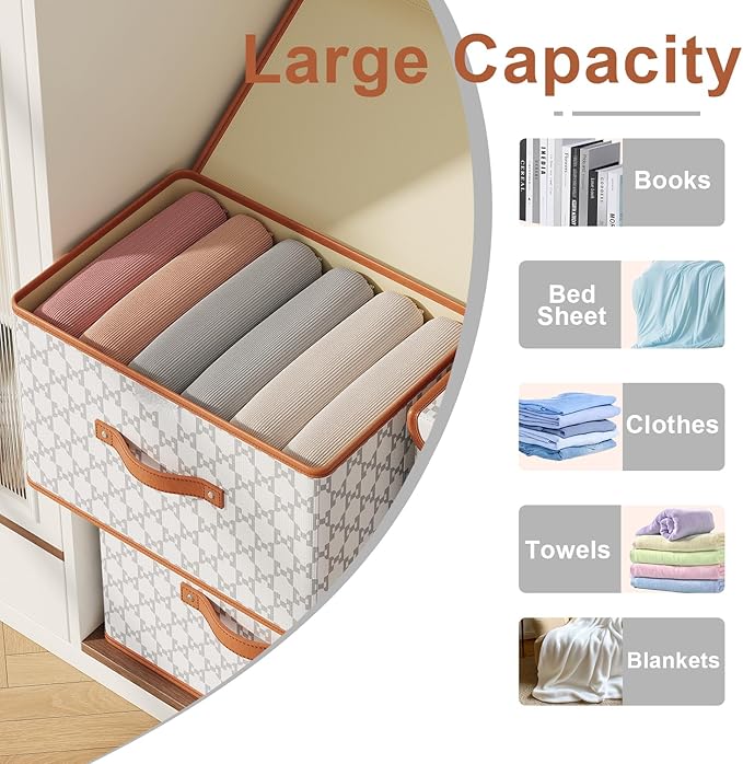 Tuza 2 Pack Fabric Storage Bins with Lids, Collapsible Closet Organizer Container, Decorative Storage Boxes with Lids for Organizing Clothes, Blanket, Grey & White, Extra Large