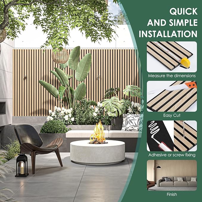 VallisCo 4-Piece Wood Slat Acoustic Panels for Stylish Interior Decor & Noise Reduction - 94.5" x 7.87" 3D Solid Wood Wall Panels for Ceiling and Wall, Covers 20.66 Sq Ft, White Oak