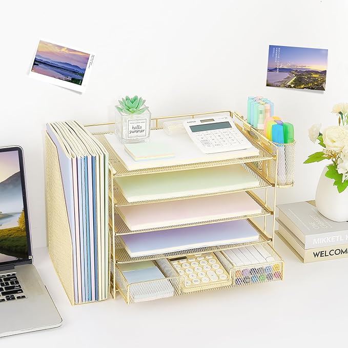 OPNICE Desk Organizer, 5-Tier Paper File Organizer with Drawer & Pen Holder, Office Desk Accessories, Workspace Desktop Organizer for Office Supplies(Gold)