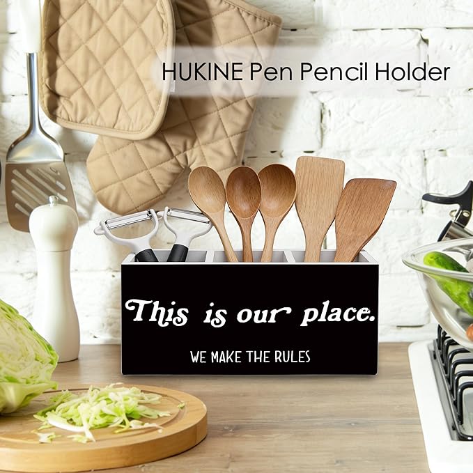 HUKINE This Is Our Place We Make the Rules Pen Holder for Desk Decoration, Inspirational Quotes Wooden Box Sign Pencil Holder Organizer for Home Office Desk Accessories, Housewarming Gifts New Home