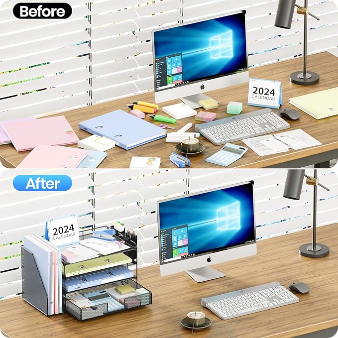 OPNICE Desk Organizer, 4-Tier Desktop File Organizer with Drawer and 2 Pen Holders, Office Desk Accessories, File Sorters, Workspace Organizers for Office Supplies(Black)