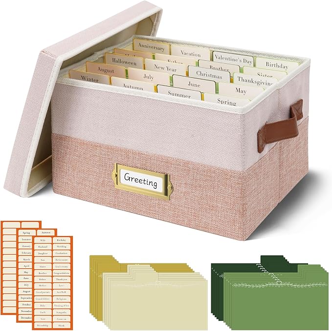Vienrose Greeting Card Organizer Box with 20 Removable Dividers, 84 Self-Adhesive Labels, Foldable Storage Box Great for Greeting Cards, Photos, Envelopes, Stickers, Postcards Light Pink&Lotus
