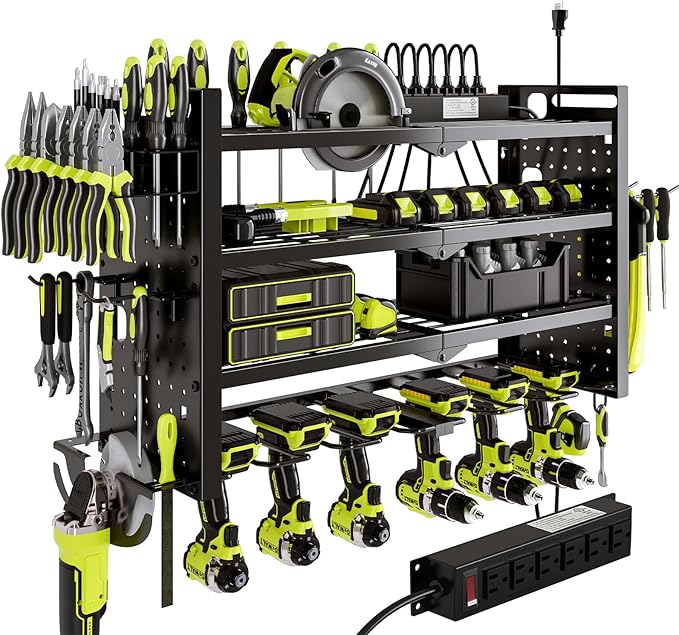 NattyDot Power Tool Organizer Wall Mount with Charging Station 4 Layer 6 Slot Cordless Drill Holder with Angle Grinder Holder (Black)