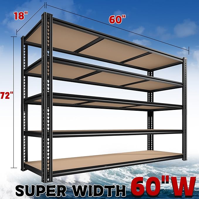 ROOMFAVE 60" W Garage Shelving 72" H Metal Shelving 3500LBS Storage Shelves Heavy Duty 5 Tier Adjustable Shelving Unit for Storage Rack Pantry Shelf Commercial,60" W x 18" D x 72" H
