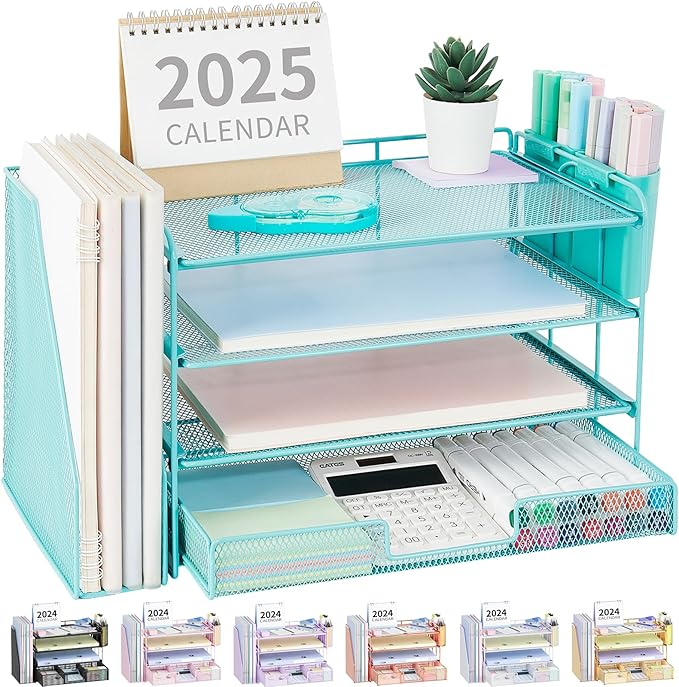 OPNICE Desk Organizer, 4-Tier Desktop File Organizer with Drawer and 2 Pen Holders, Office Desk Accessories, File Sorters, Workspace Organizers for Office Supplies(Teal Blue)
