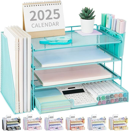 OPNICE Desk Organizer, 4-Tier Desktop File Organizer with Drawer and 2 Pen Holders, Office Desk Accessories, File Sorters, Workspace Organizers for Office Supplies(Teal Blue)