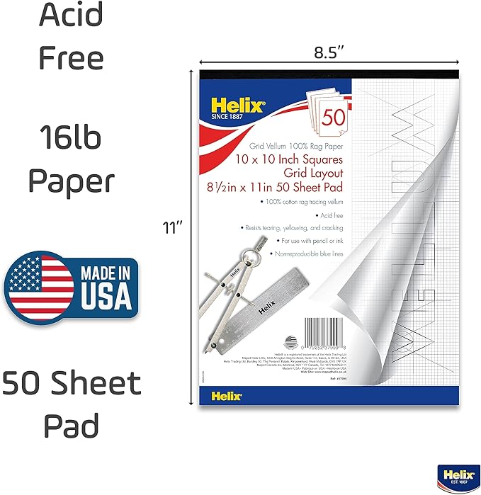 Helix - 100% Rag Vellum Paper Pad - 1 Inch Equals 10x10 Grid - 8.5 Inch x 11 Inch - 50 Sheet Pad - Acid-Free - Drafting, Art, Sketching and Tracing