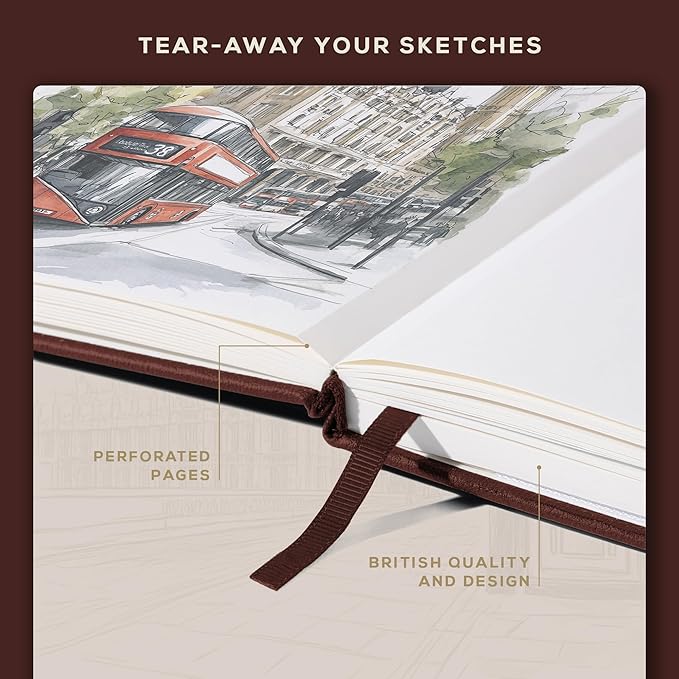 Beechmore Books Square Sketchbook – 8x8 Premium Vegan Leather Bound Large Sketch Book Hardcover with 156 Thick 160gsm Perforated Ivory Pages, Blank Sketch Pad, Gift Boxed Back Pocket, Ribbon Bookmark