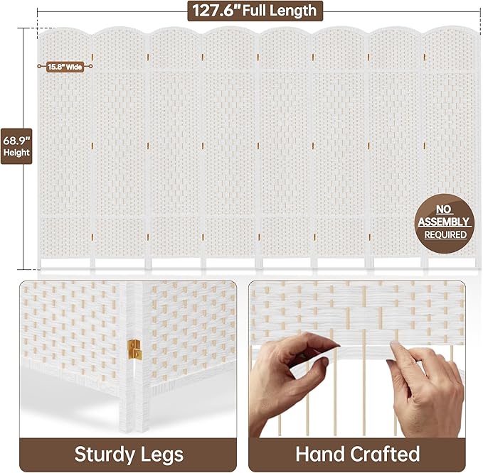 DURASPACE 8 Panel Room Divider, 6ft Tall Folding Privacy Screen, 19.5" Wide Panels, 360°Rotation, Hand-Woven Freestanding Wood Partition for Room Separation