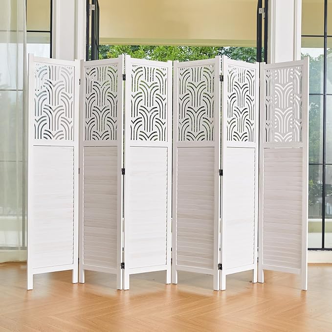 Svimi Folding Room Divider, 66.9 Inch 6 Panels Wood Carved Privacy Screens, Free Assembled Freestanding Portable Separation Wall for Home Office Restaurant Bedroom (White)