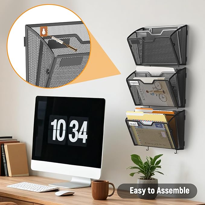 Docnest 2 Tier Mesh Wall File Holders with Hooks – 3 Pack Hanging Letter Holder - Document Organizer for Mail, Paper, Office, Home, School – Space-Saving Wall Mounted Folder Holder – Black