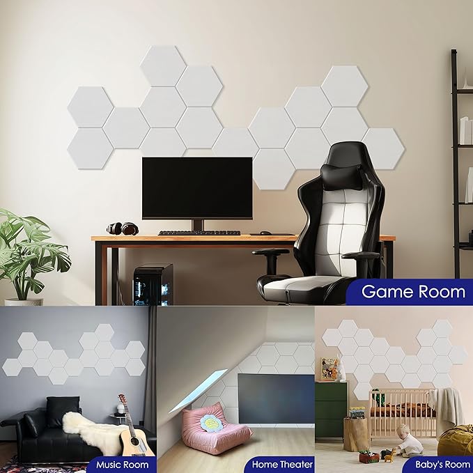 Reverbeon Hexagon Acoustic Panels Pack of 12 - Soundproofing Wall Panels with Nano Double-Sided Tape, White Polyester Sound Absorbing & Noise Reducing Panels 14x12x0.4In for Studio Home Office Walls