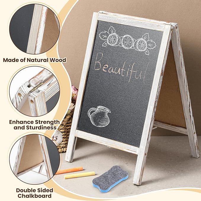 Henoyso 2 Pcs 16" x 10" Small Chalkboard Easel Tabletop Chalkboard Signs Menu Wooden A Frame Sandwich Board for Table, Double Sided with 2 Erasers for Bar Parties Display Home Decor(White)