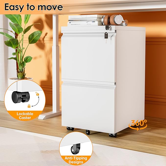 INTERGREAT 2 Drawer File Cabinet with Wheels, Metal Filling Cabinet with Lock, Locking Office Mobile Cabinet with Wheels for Legal/Letter Size, Under Desk, Easy Assemble, White