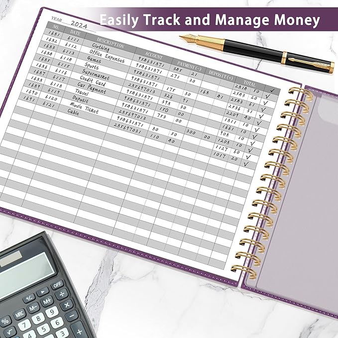 HAUTOCO Hardcover Accounting Ledger Book for Small Business Bookkeeping Horizontal Money Expense Tracker Notebook with 2 Storage Pouch, Personal Columnar Log Journal 10.78 x 8'', Deep Purple