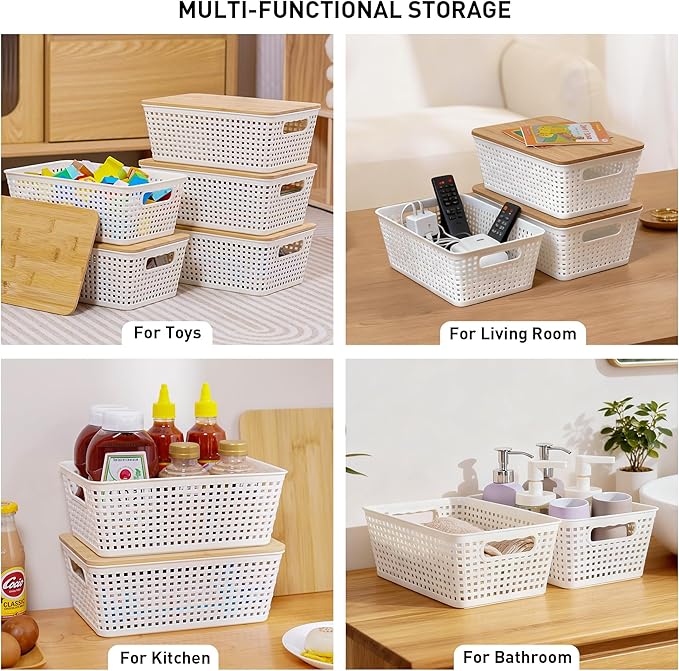 Anywish Storage Bins with Lids 8 Packs, Plastic Storage Bins with Bamboo Lids for Pantry Organization and Storage Containers for Shelves Drawers Desktop Closet Playroom Classroom Office Home, White
