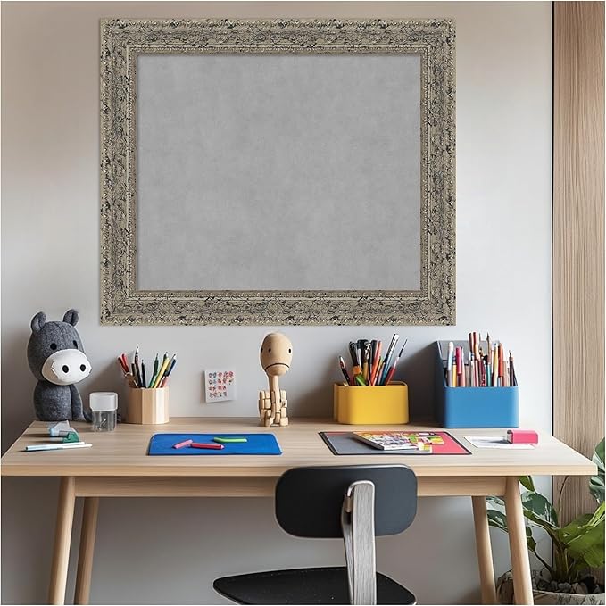 Amanti Art Silver Framed Magnetic Board 25x29 Medium Vision Board for use with Magnets, 100% Metal Sheet to Display Items as Office Decor or for Home Organization in mudroom, Kitchen or Kids Room