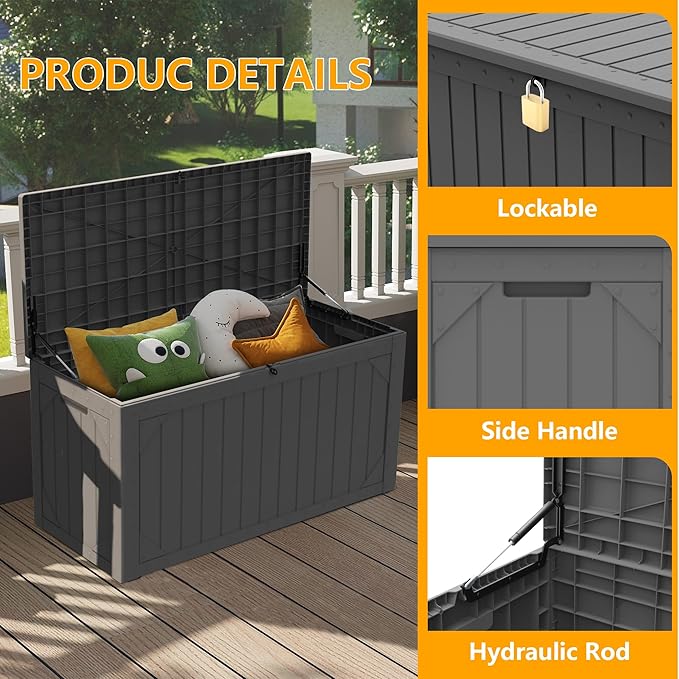PATIOEASY 100 Gallon Waterproof Large Resin Deck Box，Storage Box for Patio Cushions(Grey)
