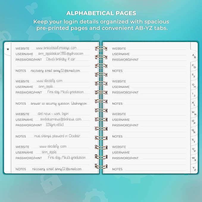 Clever Fox Password Book Spiral – Internet Address & Password Organizer with Laminated Alphabetical Tabs – Password Keeper Journal – Hardcover, Medium Size, 6.1x7.7” (Turquoise)