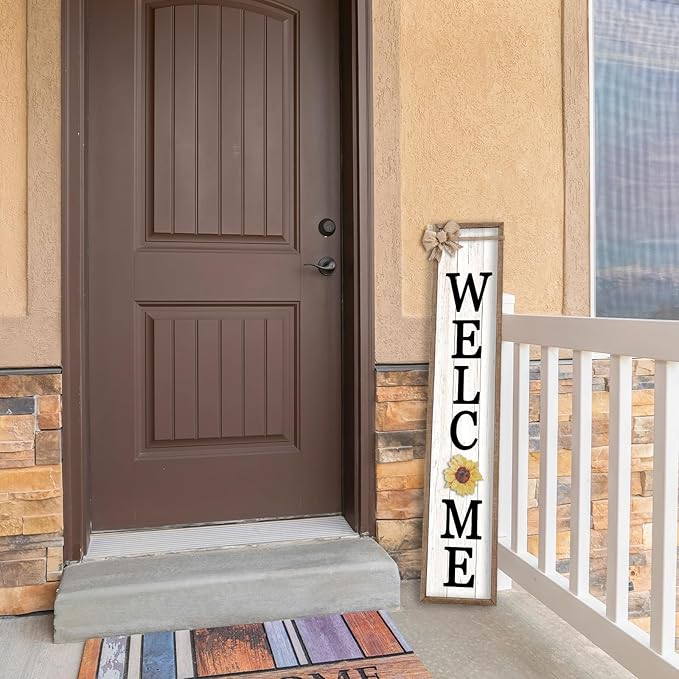 LuZhiQiang Front Porch Welcome Sign for Interchangeable Standing 45"X9" With 12 Pcs Replaceable Icons Wood Frame Signs Outdoor Front Door Decor (Wood White)
