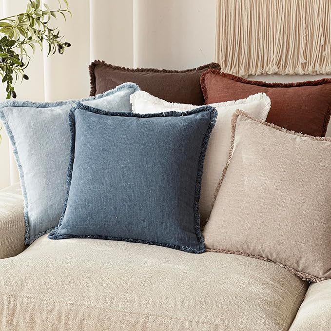 Foindtower Set of 2 Decorative Linen Fringe Lumbar Throw Pillow Covers Farmhouse Cushion Cover with Tassels Soft Accent Pillowcase for Couch Sofa Bed Living Room Home Decor,12×20 Inch,Dark Blue