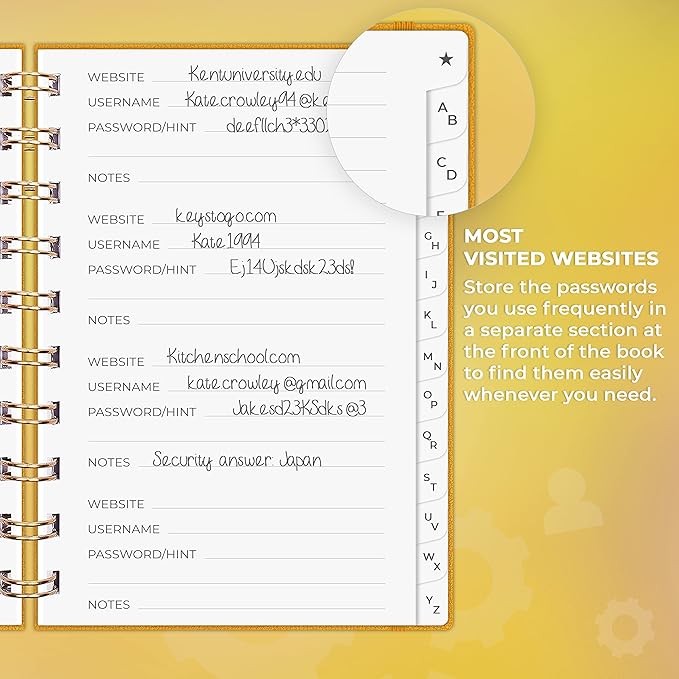 Clever Fox Password Book Spiral – Mini Internet Address & Password Organizer with Laminated Alphabetical Tabs – Small Password Keeper Journal – Hardcover, Pocket Size, 4.7x5.7” (Amber Yellow)
