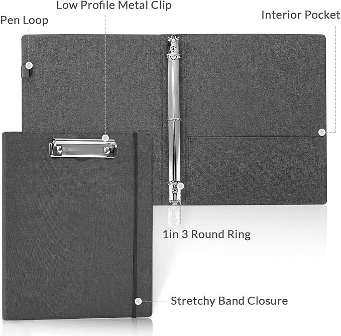 SKYDUE Clipboard Binder with Dividers,1 Inch 3 Ring Binder with Clipboard on Front for Organizer, Clipboard Folder with Pocket, Labels Office Supplies Gray