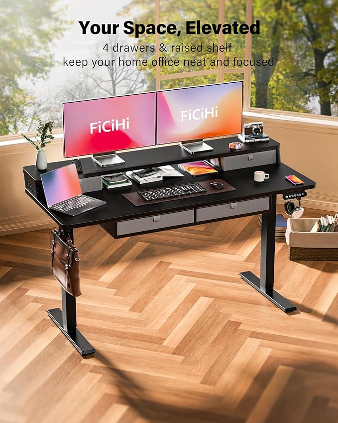 FiCiHi Electric Standing Desk with Four Drawers, Adjustable Height Sit Stand Desk, C-Clamp Compatible Home Office Desk with Storage Shelf & Monitor Stand Riser, 55 x 24 Inch, Classical Black
