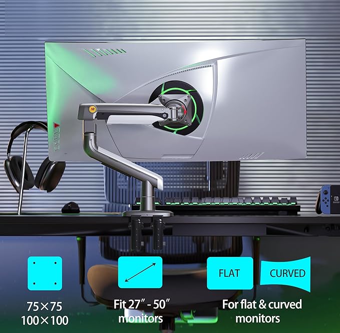 NB Ergonomic Gaming Monitor-Arm for Flat/Ultrawide/Curved Monitors 27'' to 50 inch, Heavy Duty Mount Load up to 18 kg, VESA 75/100 mm Monitor-Mount A5