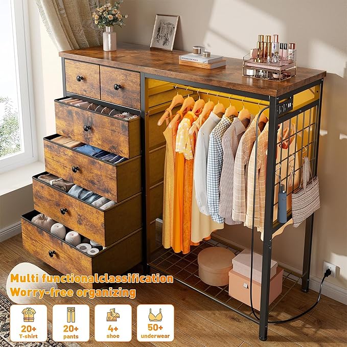 EnHomee 49.2" W Dresser with Hanging Rack & 6 Fabric Drawers – Wooden Top Organize Unit Featuring LED Lights, Charging Station & Grid Panel & Hooks for Bedroom, Rustic Brown